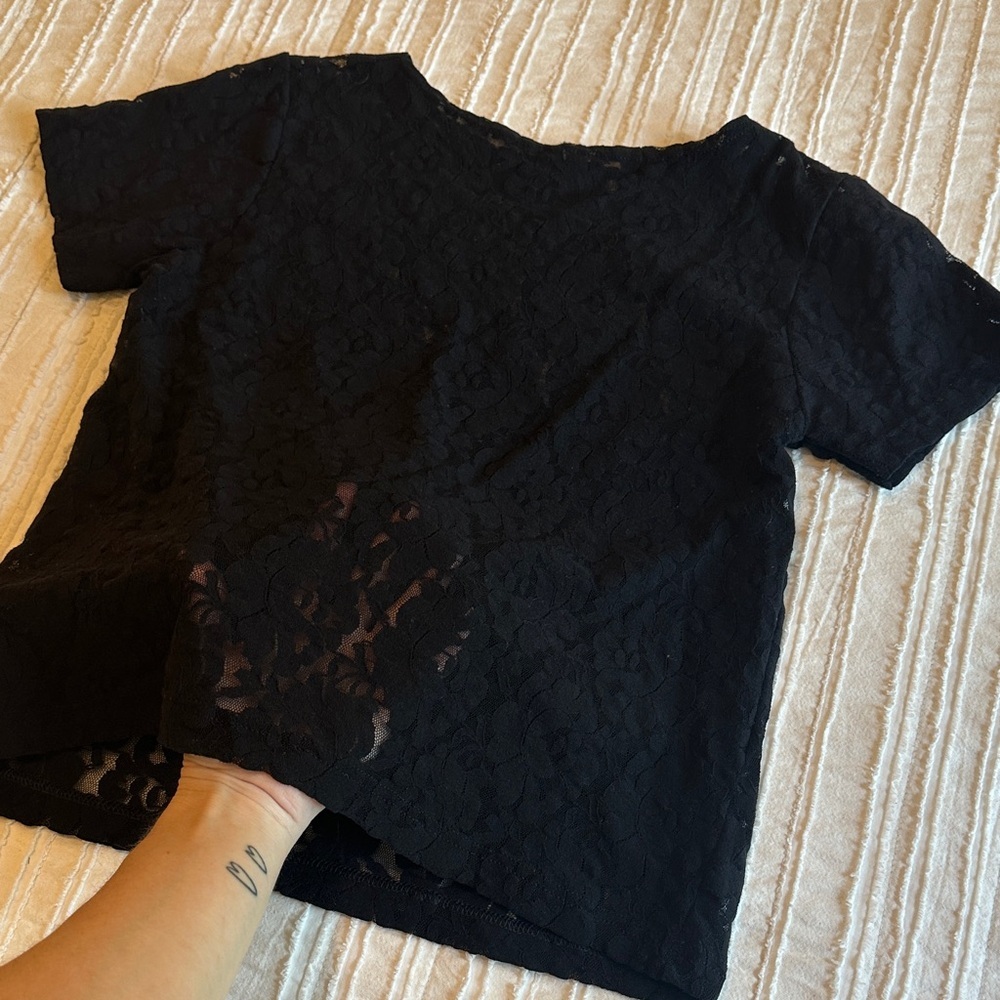 Vintage 80s Black Sheer Lace Top Medium Y2K Goth Grunge Stretch Tee